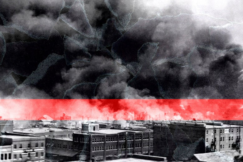 Illustrated treatment of a photo of smoke rising from buildings.