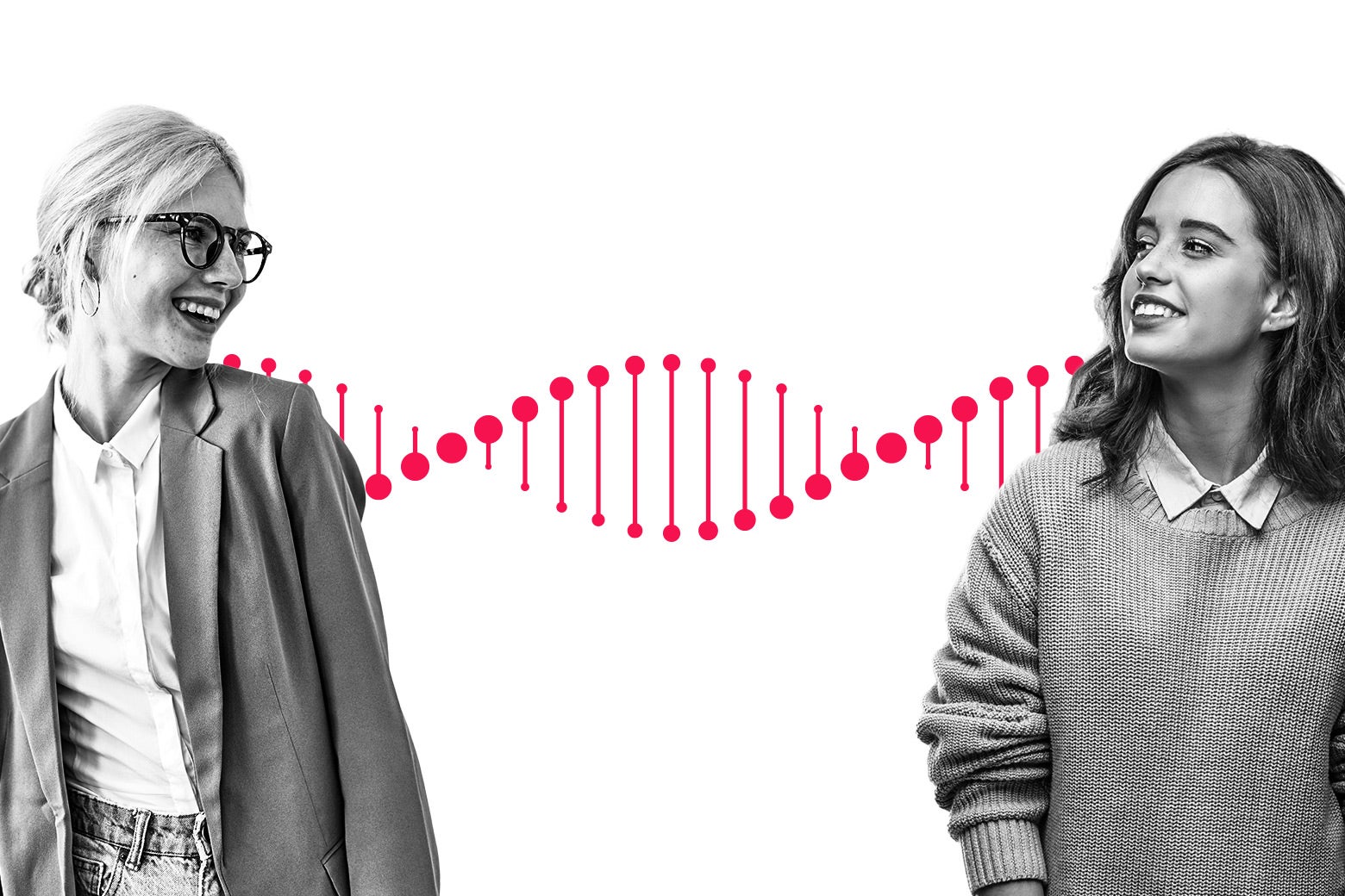 Two people look at each other with an illustrated strand of DNA connecting them.
