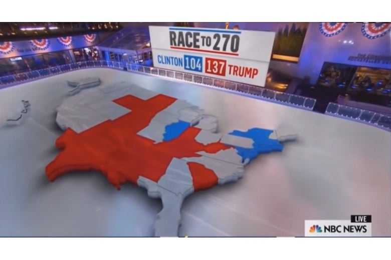 A 3D electoral college map hovering over Rockefeller Center’s ice rink.