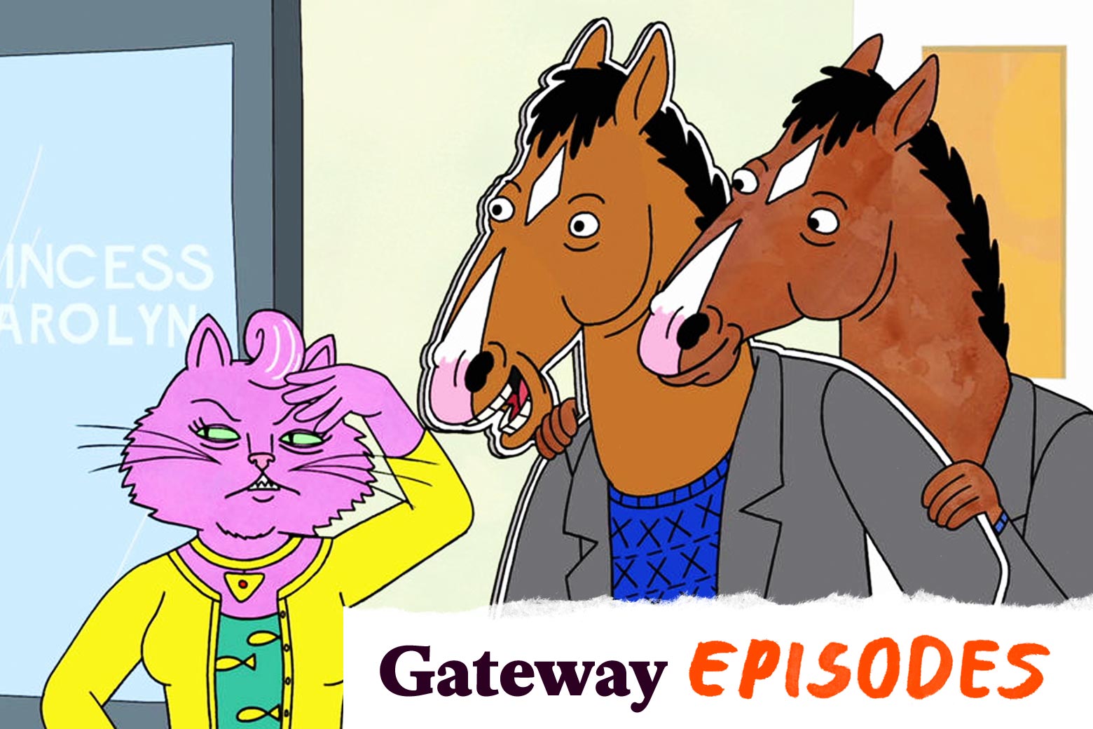 A scene from BoJack Horseman, in which the cat Princess Carolyn stands to the left with her hand on her head, while BoJack stands to right holding a cardboard cutout of himself