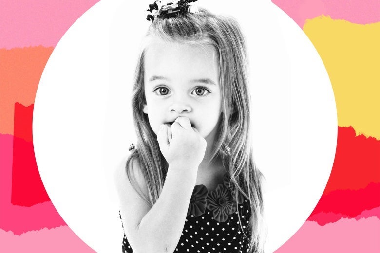 A little girl biting her nails.