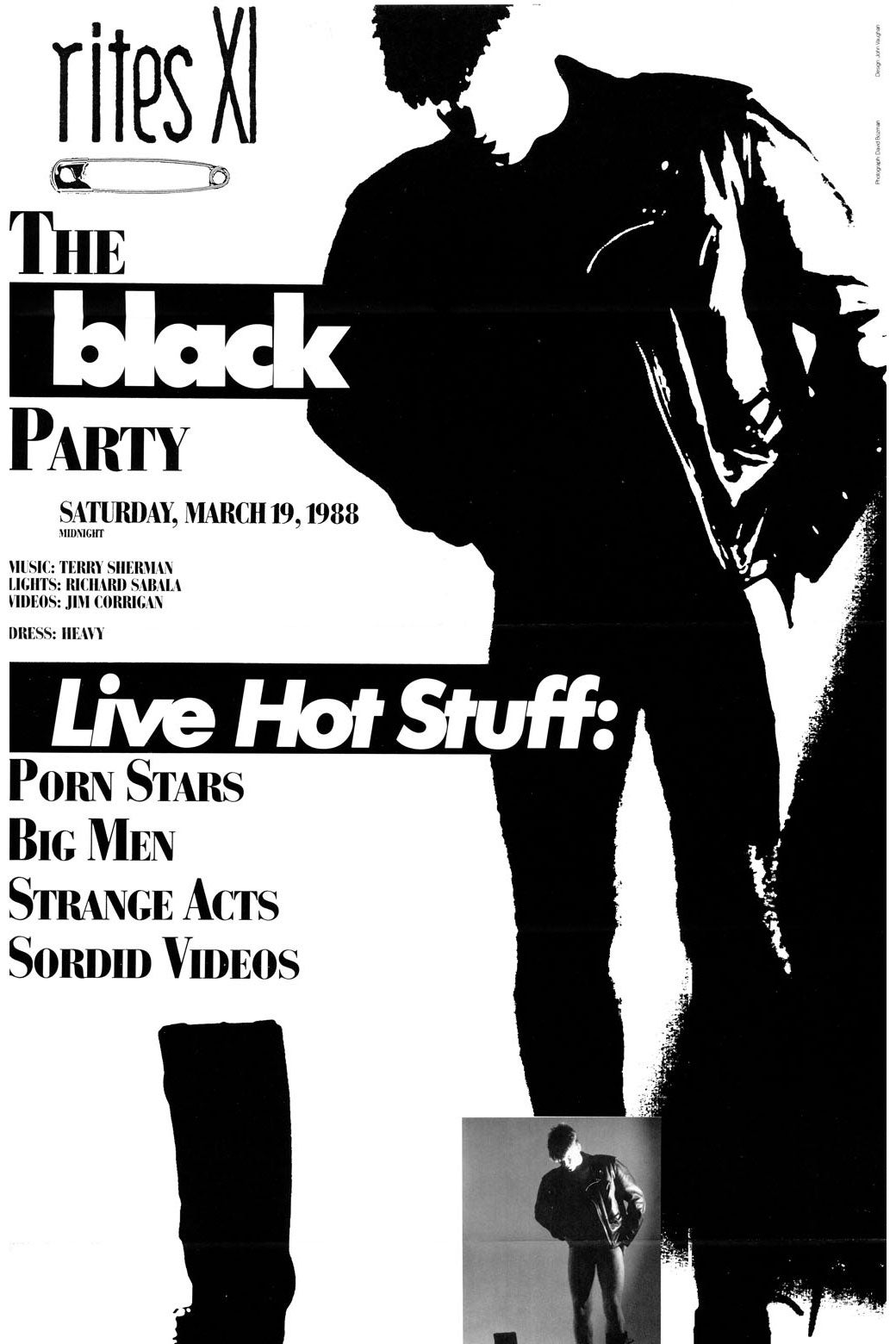 Flyer features images of a man wearing a leather jacket and reads "Live Hot Stuff: PORN STARS, BIG MEN, STRANGE ACTS, SORDID VIDEOS."