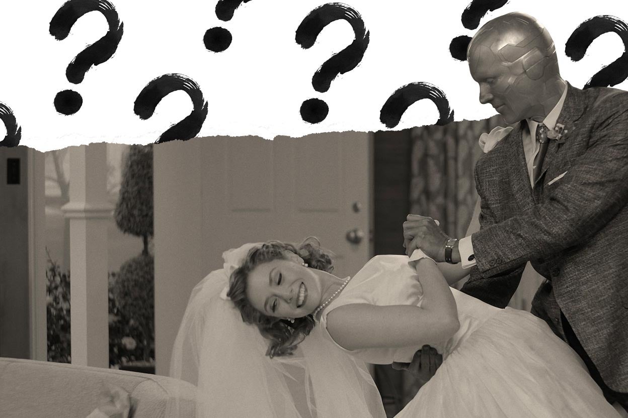 Vision dips Wanda, who appears to be wearing a wedding dress. They are surrounded by crudely drawn question marks.