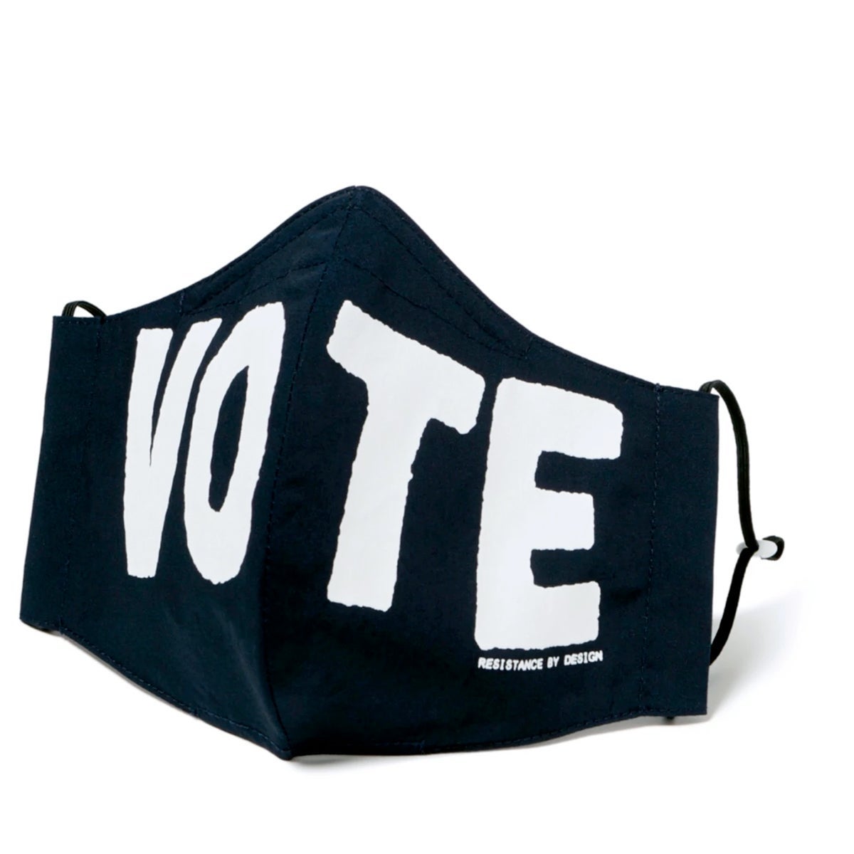 Black cloth mask with the word VOTE written in big white letters