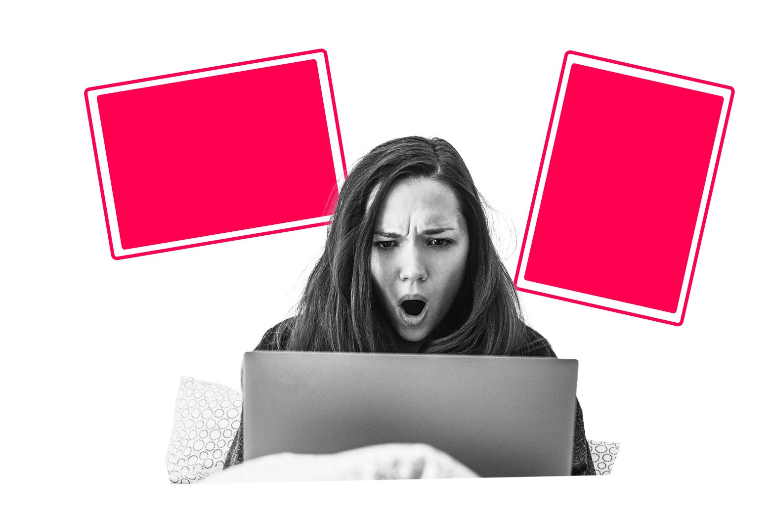 Woman with her mouth open in shock and anger looking at a laptop.