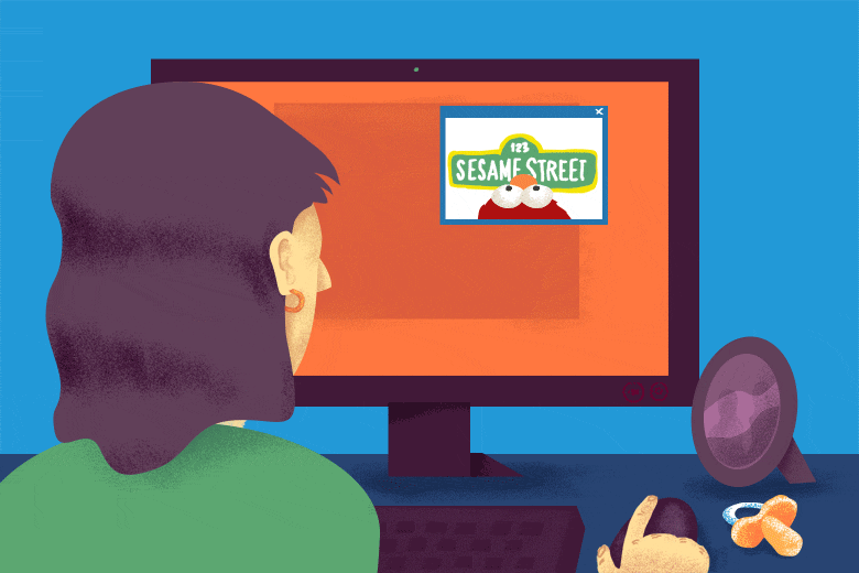 Illustration of a mother at a computer getting ads by Natalie Matthews-Ramo.