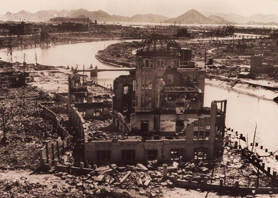 A file photo dated September 1945 of the remains of the Prefectural Industry Promotion Building after the bombing of Hiroshima, which was later preserved as the Hiroshima Peace Memorial, Atomic Bomb Dome or Genbaku Dome.
