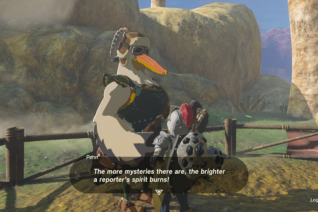 A large hunky pelican man wearing sunglasses looks down on Link. The onscreen dialogue shows that he is Penn and he is saying: “The more mysteries there are, the brighter a reporter’s spirit burns!”