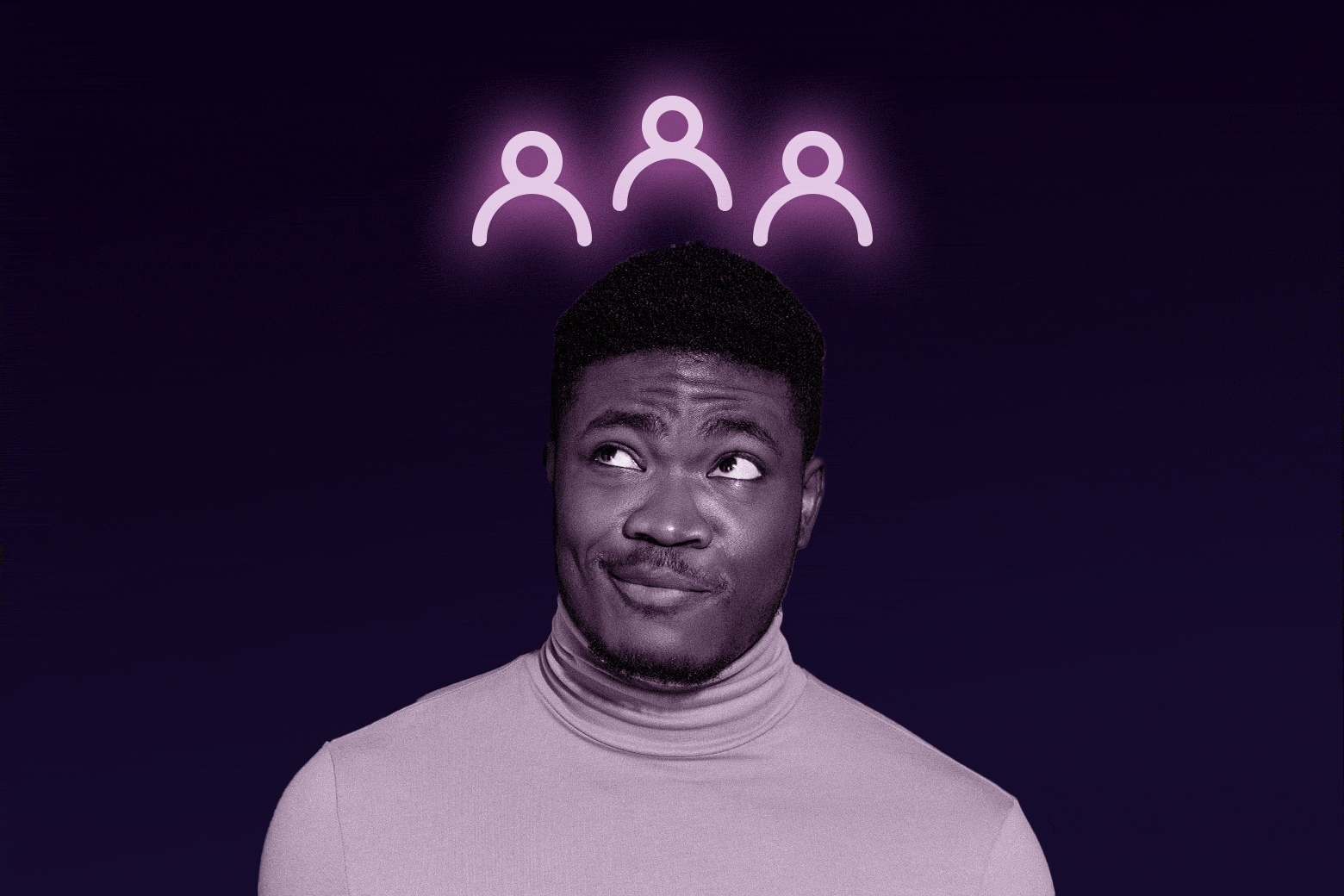 A man in a turtleneck looks up in thought with three neon pink people emojis.