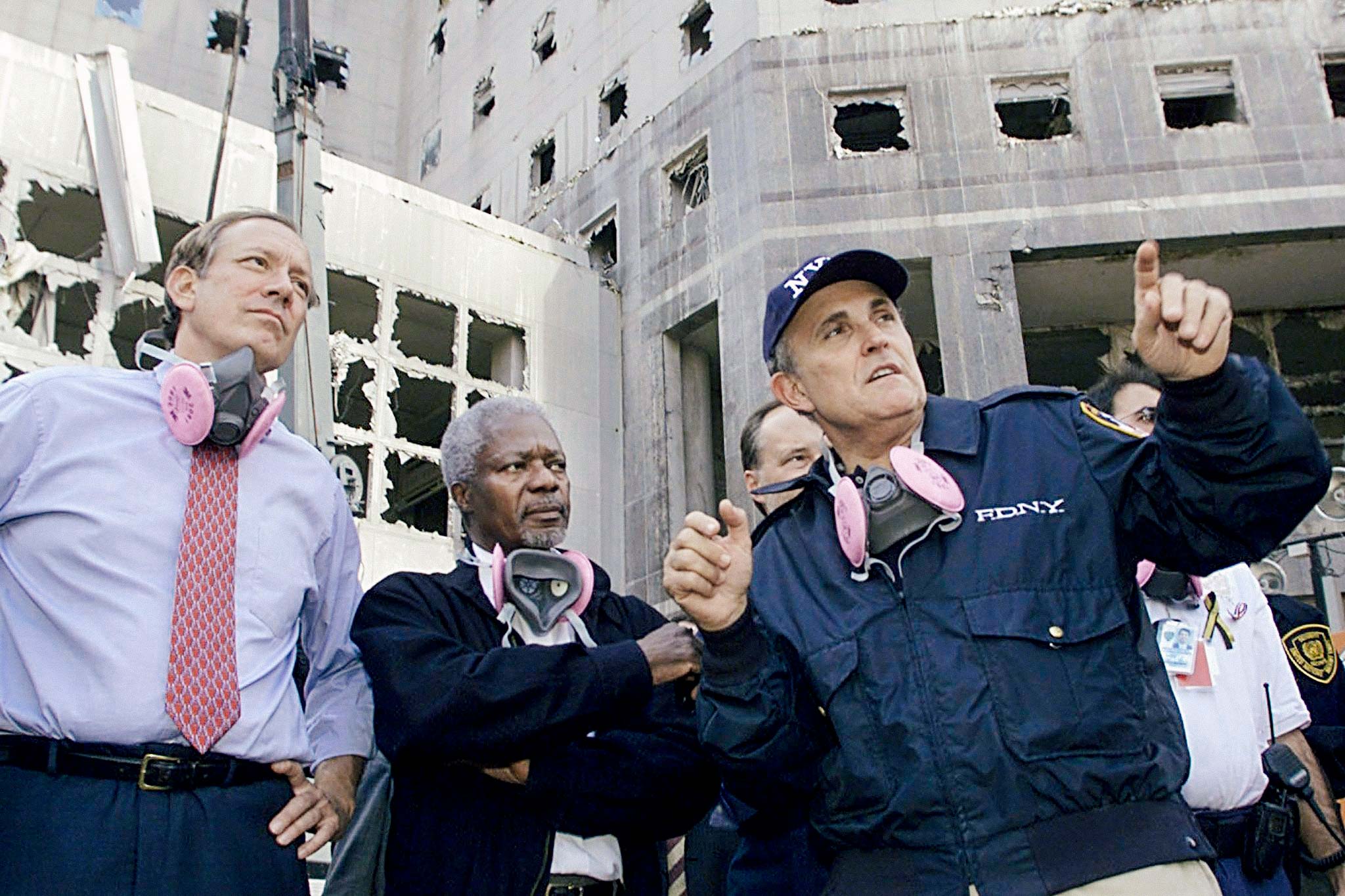 George Pataki, Kofi Annan, and Rudy Giuliani at ground zero.