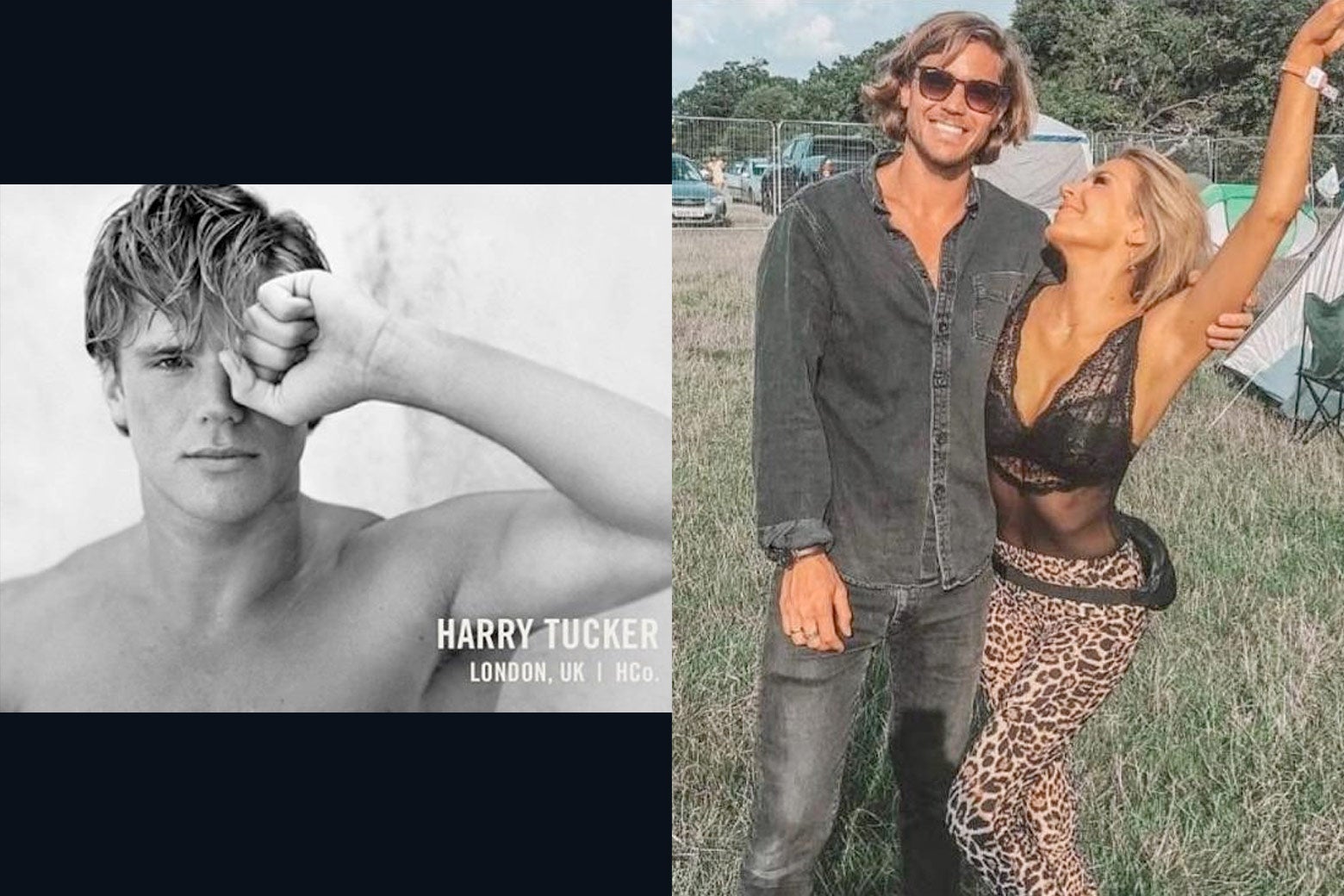 Harry Tucker, shirtless in a black-and-white ad, and in a denim outfit with a woman on his arm.