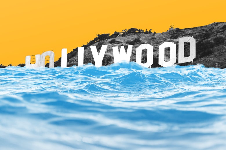 The Hollywood sign submerged in water