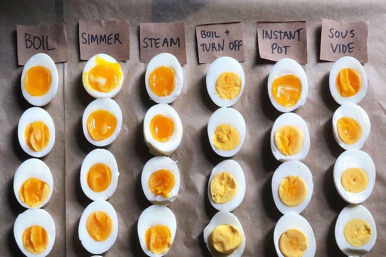 Dozens of halved, hard-boiled eggs lined up on a table. The columns are labelled Boil, Simmer, Steam, Boil + Turn Off, Instant Pot, Sous Vide, and Bake.