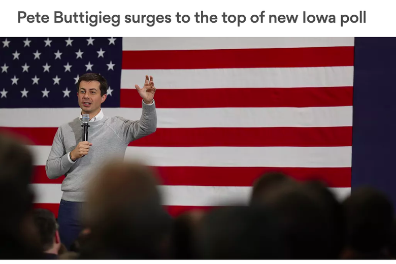 Screenshot of a story with the headline "Buttigieg surges to the top of new Iowa poll."