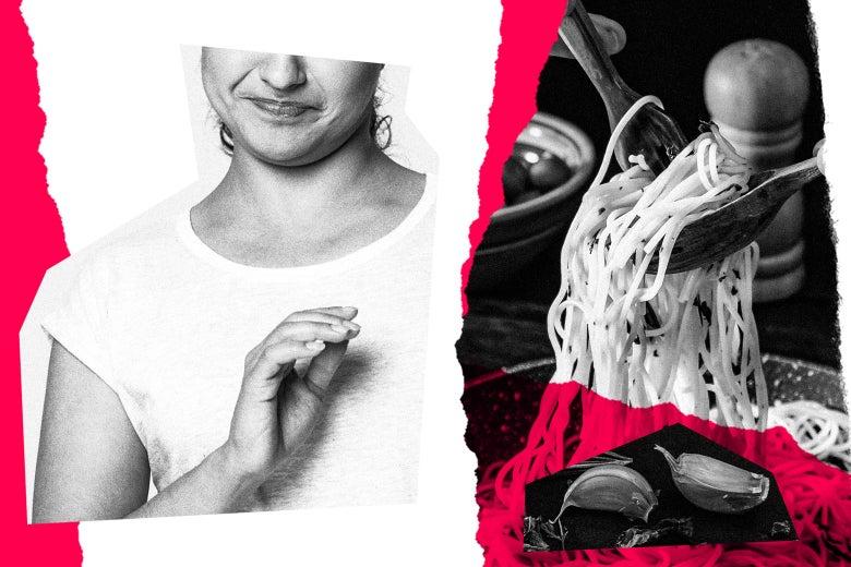 Collage of a woman with a disgusted face next to a pasta dish with garlic.