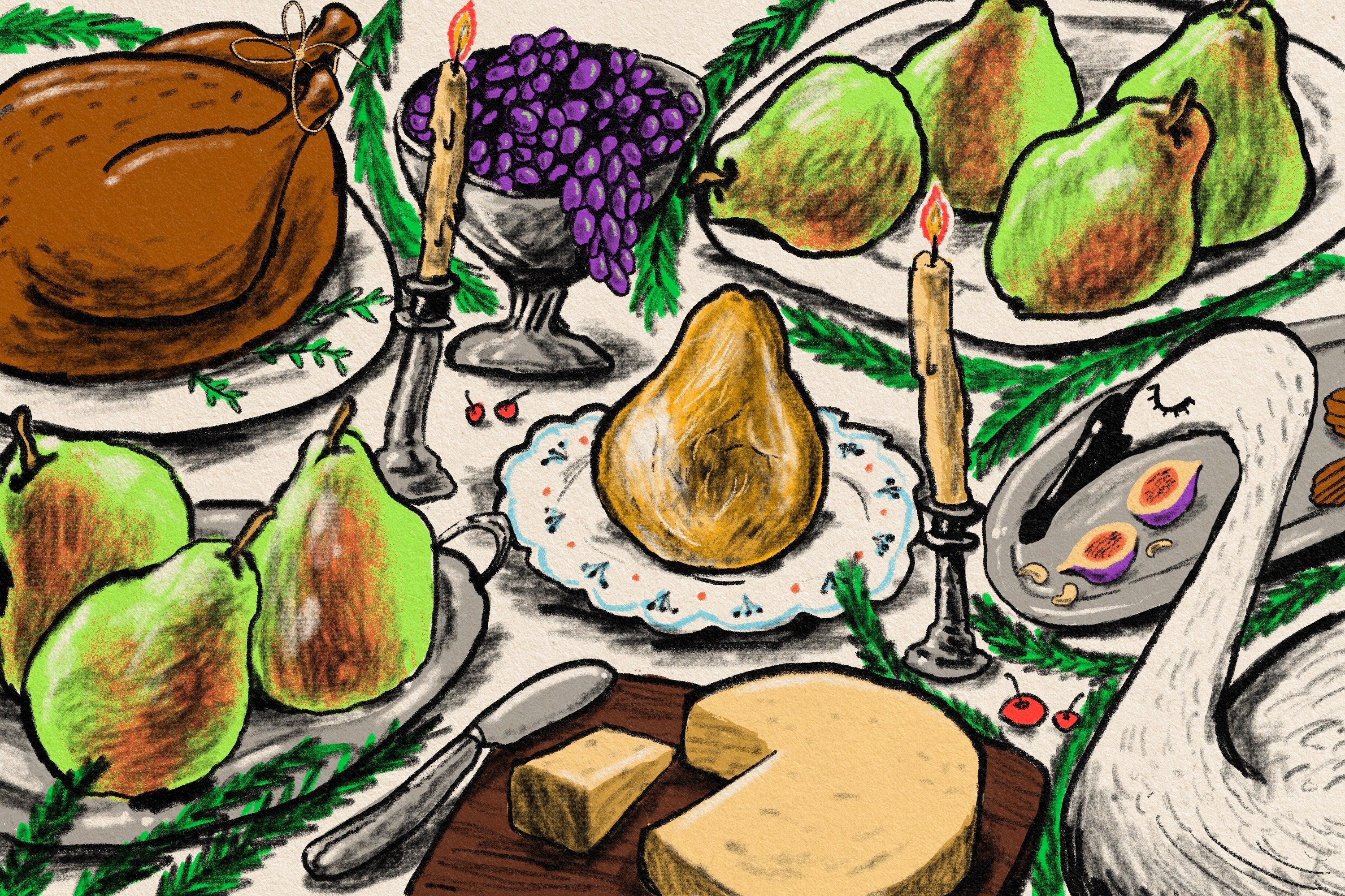 Illustration of a table with a golden wrapped pear at the center, surrounded by grapes, a cooked turkey, candles and more pears.