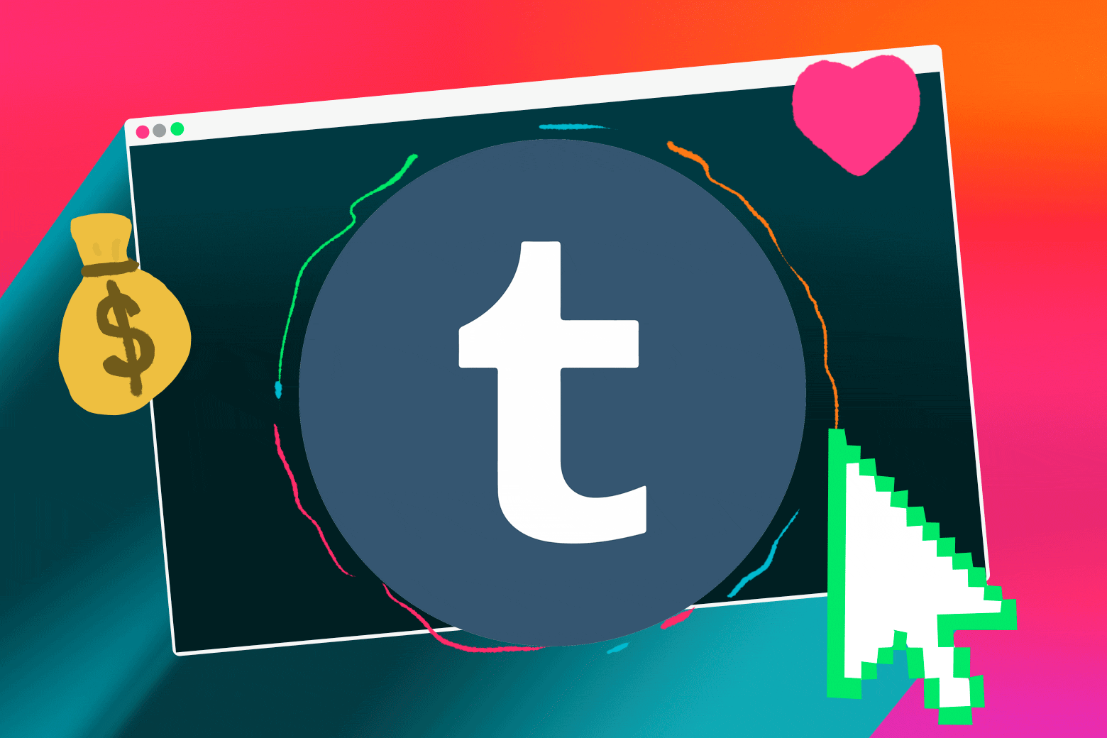 An animated image of the blue circle Tumblr logo with a T in the middle, surrounded by an animated bag with a dollar sign on it.