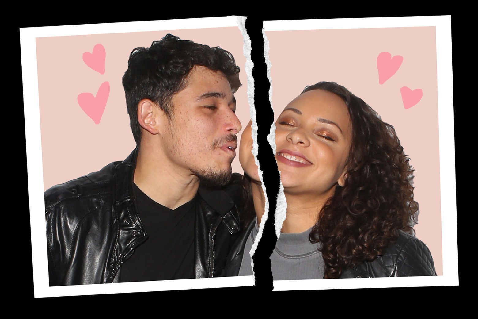 A snapshot of Anthony Ramos and Jasmine Cephas Jones looking cute together with hearts around them and a rip down the middle