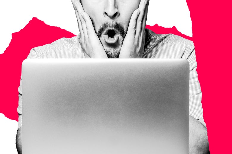 Photo illustration of a man looking at his laptop screen with surprise.