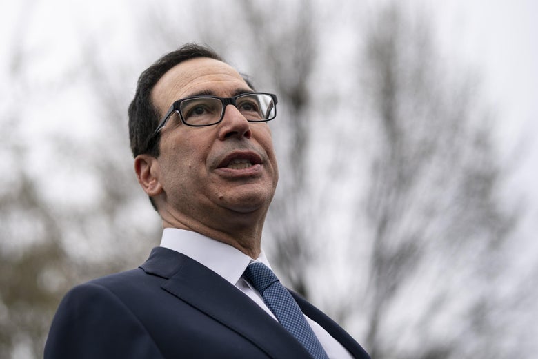 WASHINGTON, DC - MARCH 13: U.S. Treasury Secretary Steven Mnuchin speaks to the press outside of the West Wing of the White House on March 13, 2020 in Washington, DC. Mnuchin fielded questions about the economic effects of the coronavirus pandemic. (Photo by Drew Angerer/Getty Images)