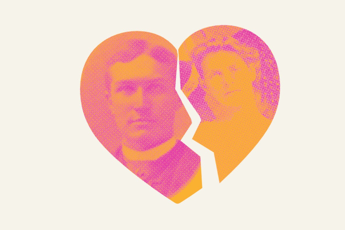 A man's and woman's face in a broken heart.