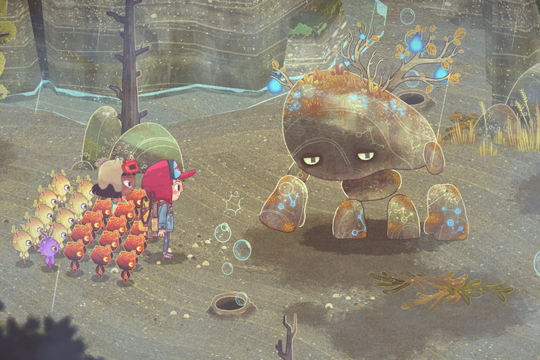A boy and a girl stand in a brownish, barren terrain. Behind them are small yellow, orange, and purple creatures. The group faces a brown rock monster with arms and legs, who looks at them with an exhausted expression.