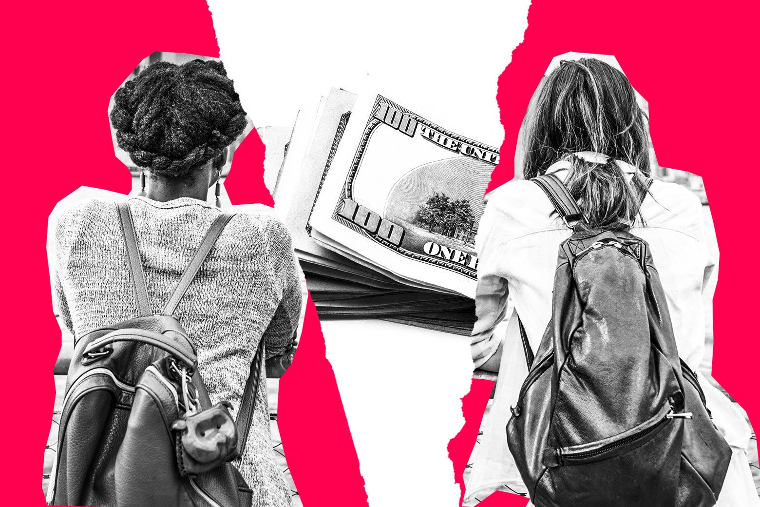 Two young adult women wearing backpacks, backs turned to camera, separated by a stack of money.