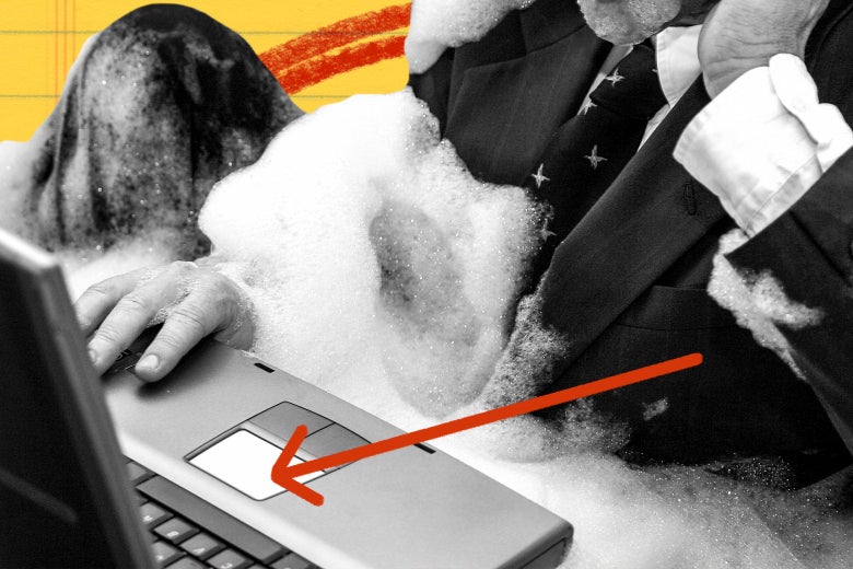 A man in a suit on a laptop in a bubble bath