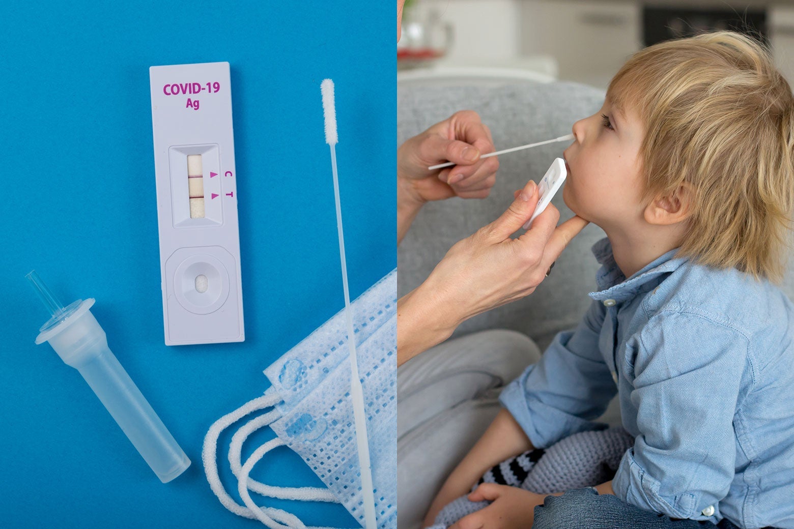 An image of an at-home test kit laid out on a blue surface, next to an image of adult hands administering a test to a toddler. 