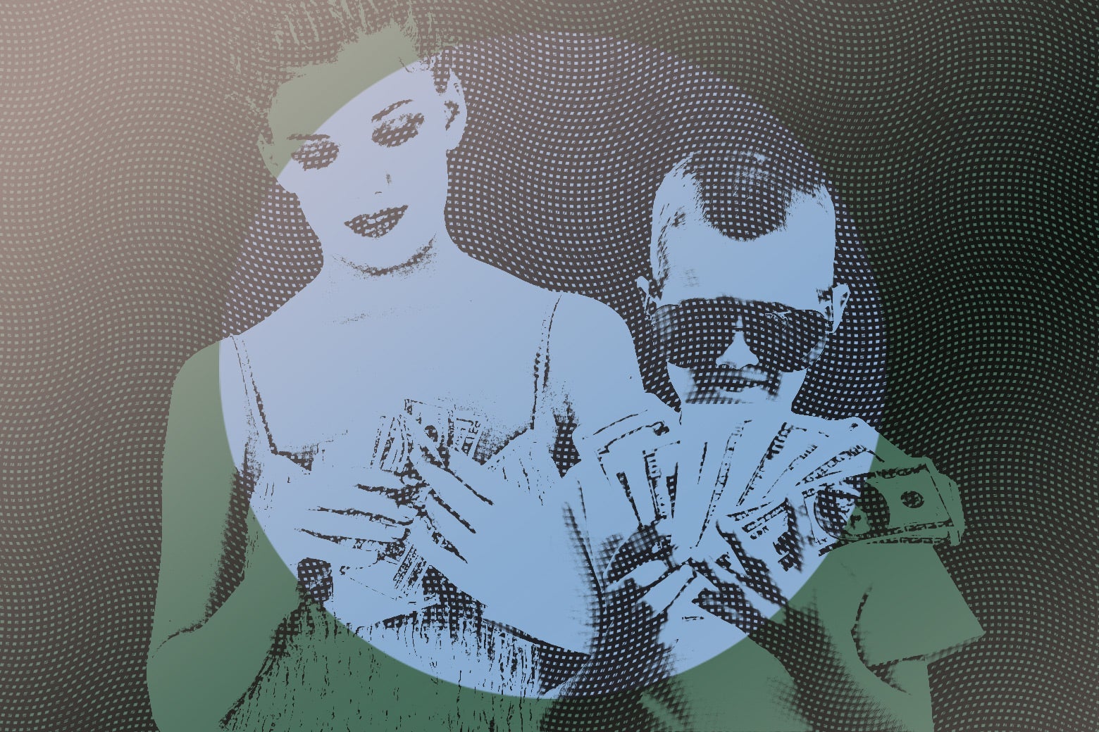 A teen girl and younger boy smile at wads of cash in their hands