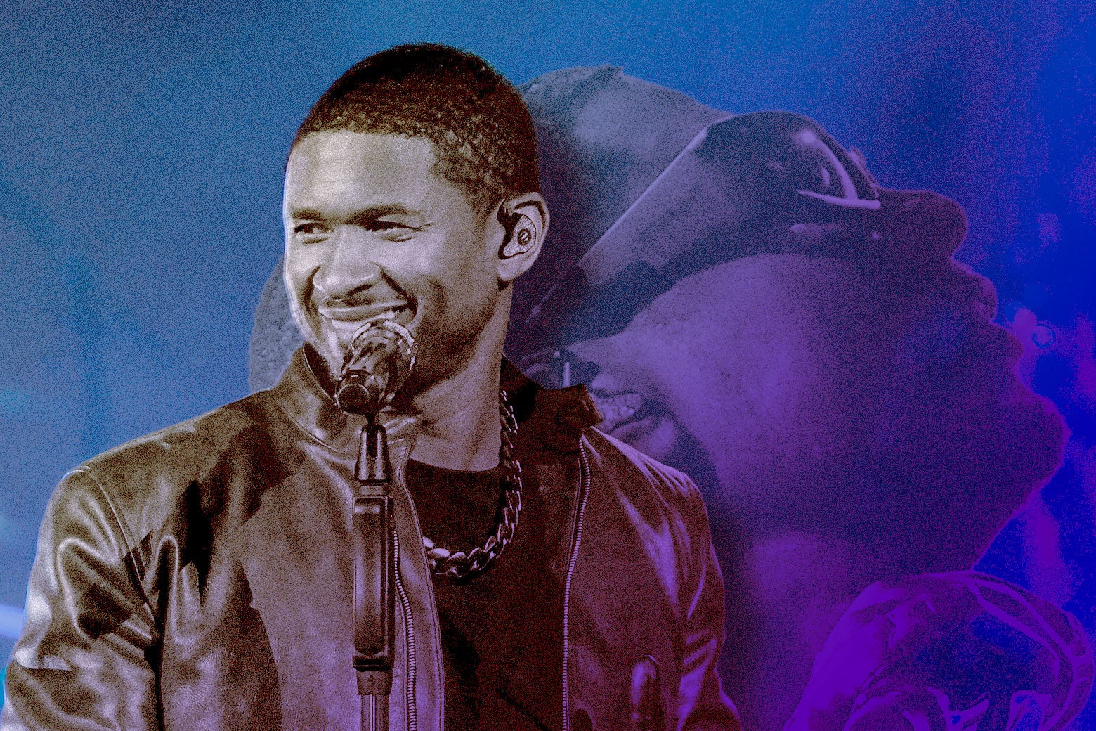 Collage of Usher smiling into a microphone and Usher looking up like a wolf at the moon.