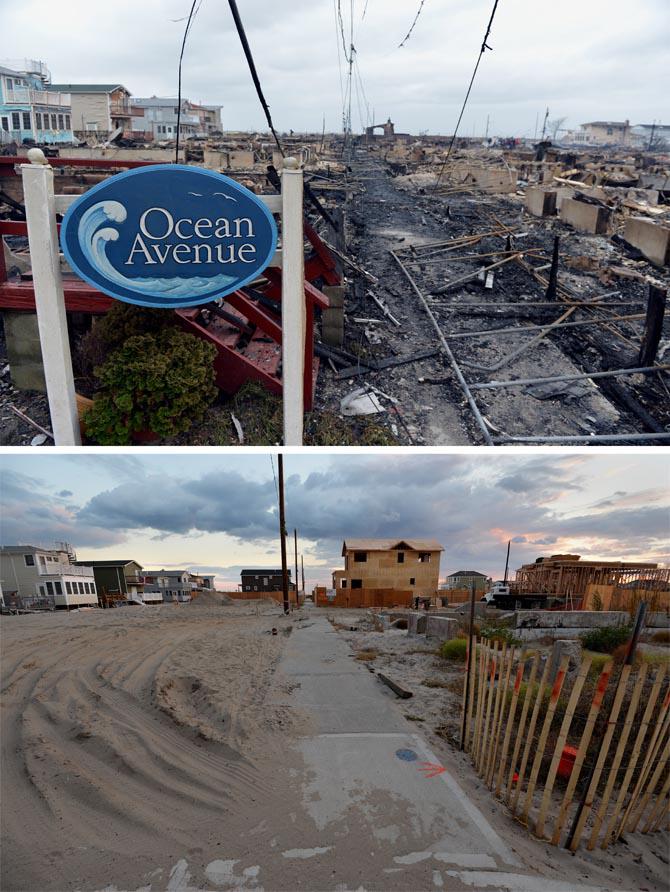 The Breezy Point neighborhood in the Queens borough of New York seen October 24, 2013 (bottom), one year after Hurricane Sandy hit the region and over 100 houses here were destroyed in a fire and on October 30, 2012. Homes are being rebuilt in Breezy Point, which lies adjacent to the Atlantic Ocean.   