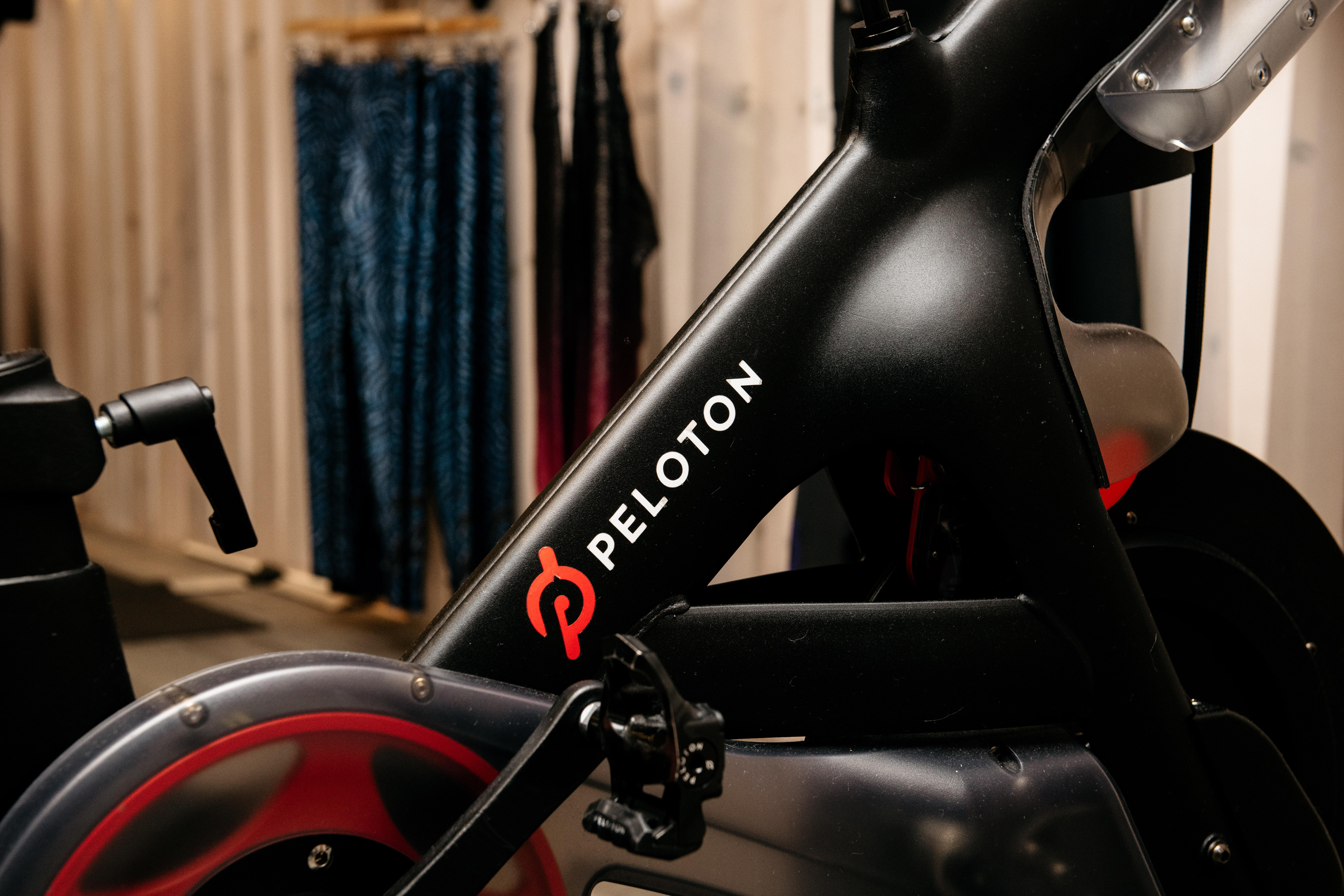 A Peloton stationary bike on display at one of the fitness company's studios.