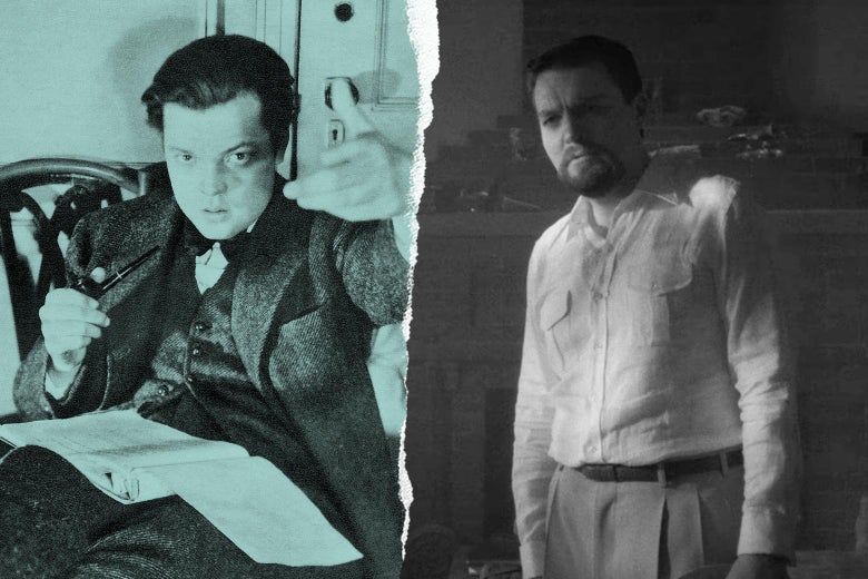 Orson Welles, and Tom Burke as Orson Welles in Mank.