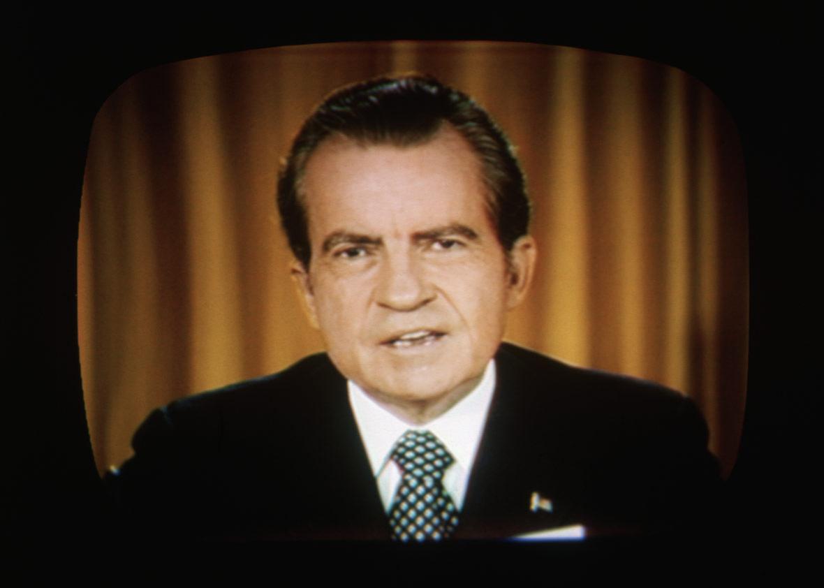 President Richard Nixon addresses the nation on TV about the Watergate. 