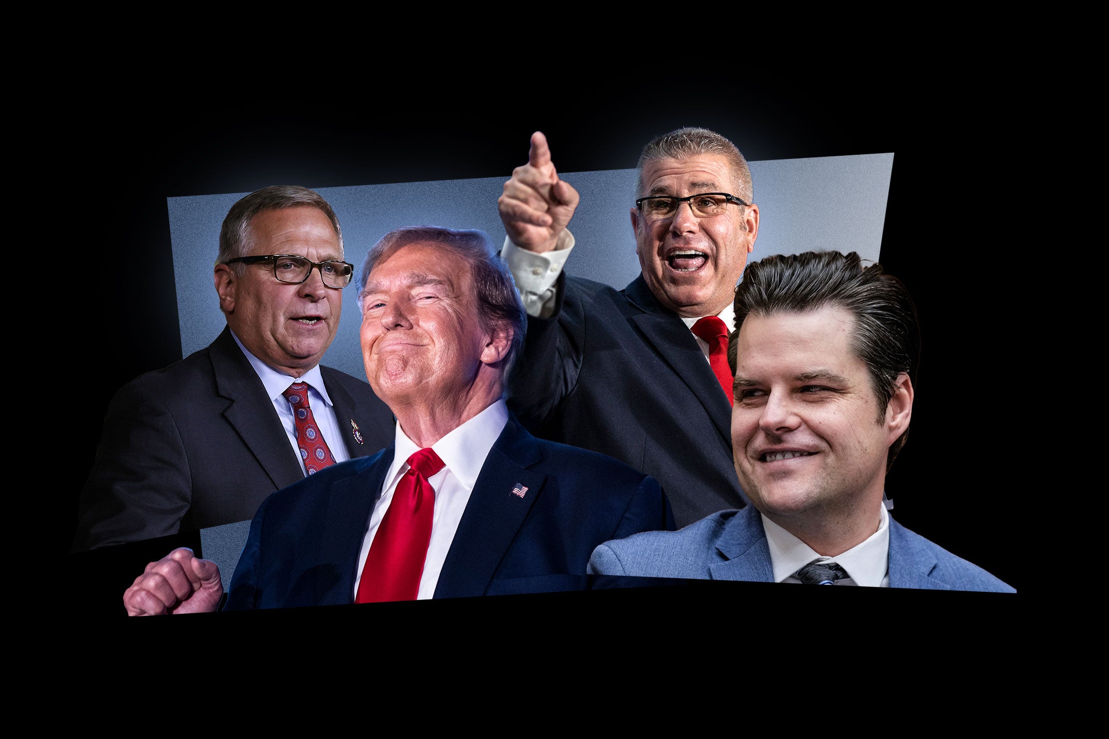 A collage of MAGA Republicans: Illinois Rep. Mike Bost, Donald Trump, Illinois gubernatorial candidate Darren Bailey, and Rep. Matt Gaetz.