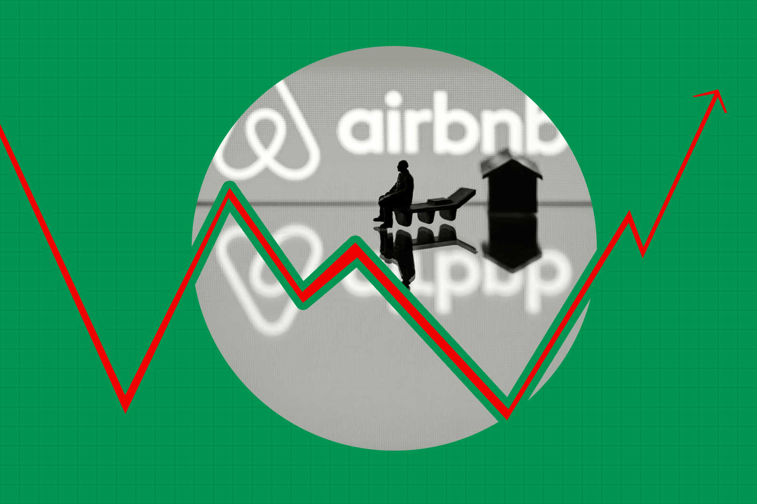 A figurine and a toy house in front of the Airbnb logo