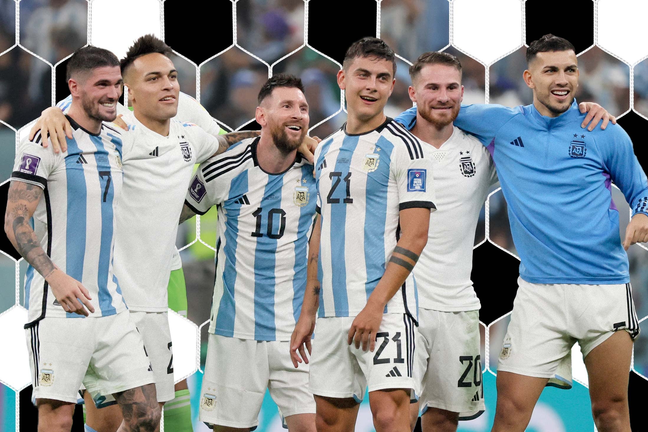 A group of Argentina's players happily hugging on the pitch.