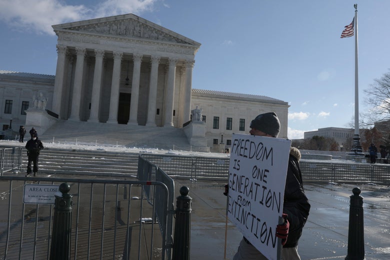 A protester in front of the Supreme Court building holds a sign that reads, ""Freedom is one generation from Extinction."