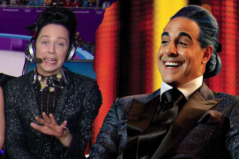 Left: Johnny Weir covers his eyes and wears a dark blue, sequined blazer. Right: Stanley Tucci as Caesar Flickerman wears a similar blazer.
