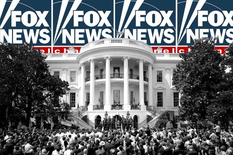 The Fox News logo displayed multiple times behind the White House