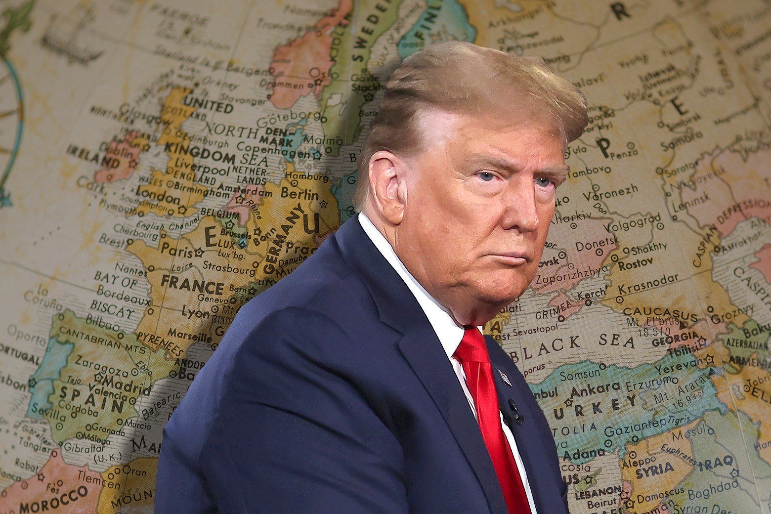 Donald Trump superimposed on a map of Europe.