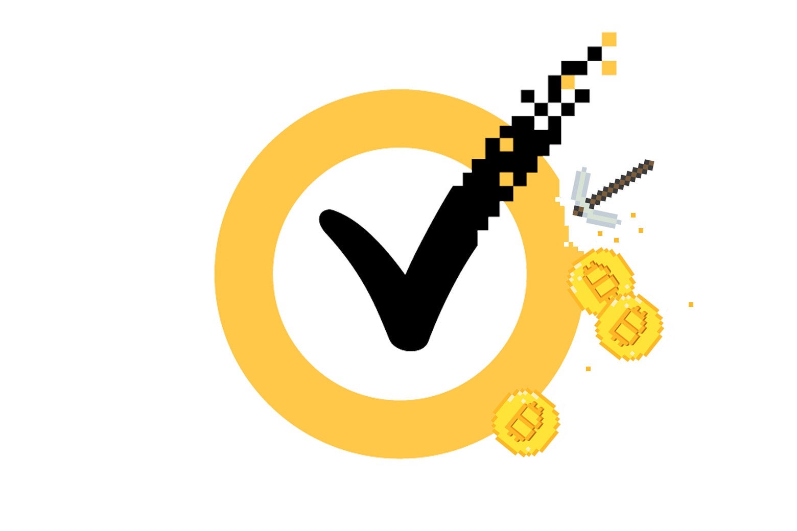 A Norton logo shows a checkmark in a circle, with Bitcoin logos and mining axes on the edges. 