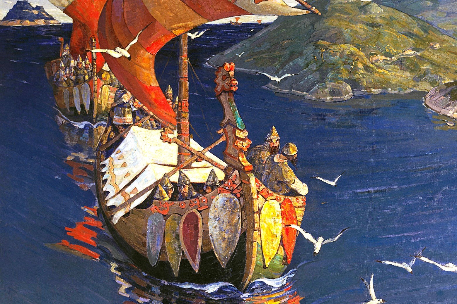 A painting depicting Vikings in a longboat as seagulls fly past.