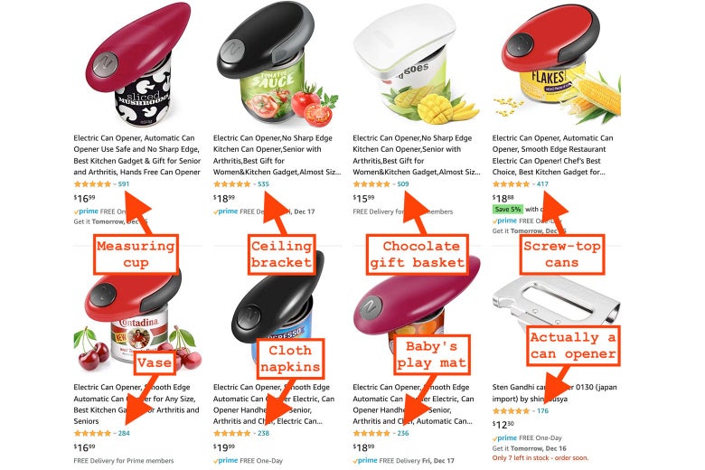 Amazon can opener product listings labeled with the items the reviews are actually for, such as "measuring cup" and "chocolate gift basket"