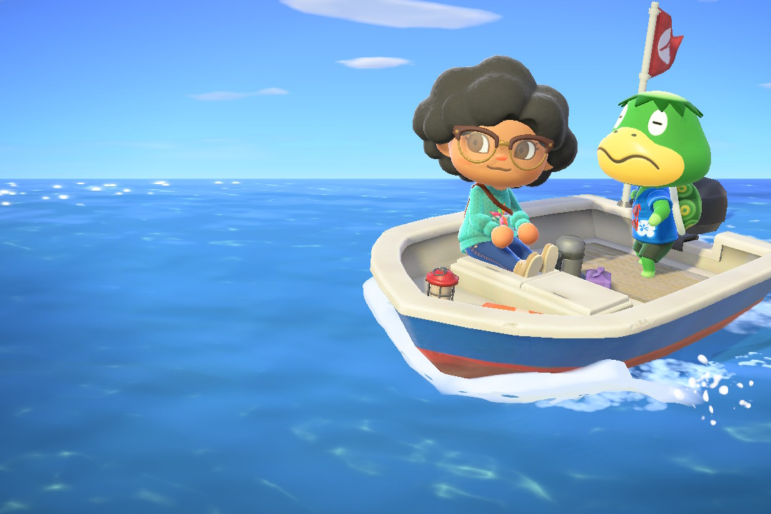 A woman with a black afro sits in a boat with an anthropomorphic green creature, sailing on the blue sea. 