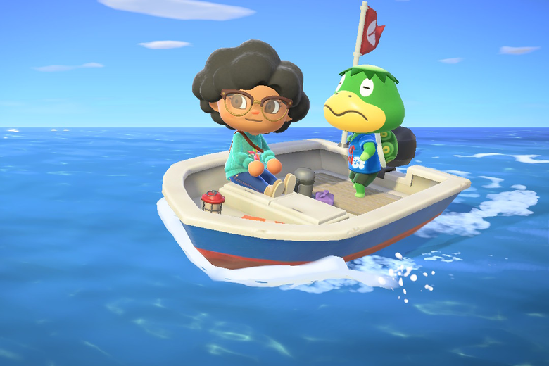A woman with a black afro sits in a boat with an anthropomorphic green creature, sailing on the blue sea. 