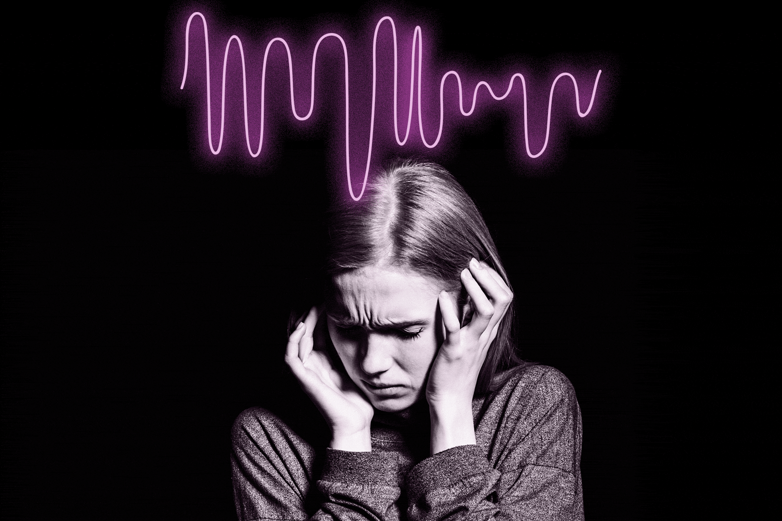 A woman covers her ears as neon squiggles indicating audio blink overhead.
