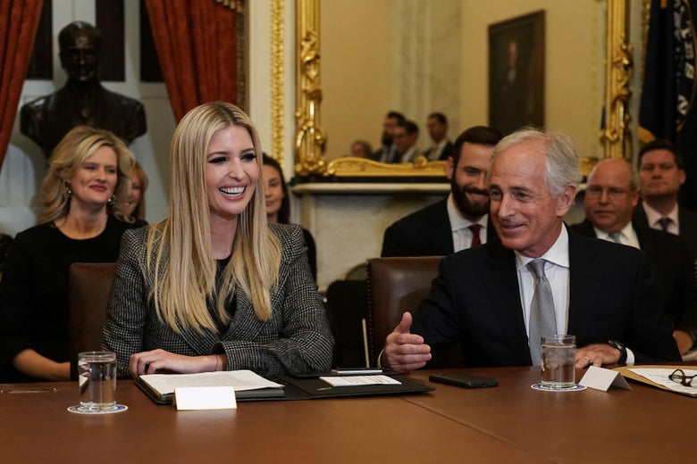 Sen. Bob Corker speaks as daughter of President Donald Trump and White House adviser Ivanka Trump listens during a meeting on investments at the U.S. Capitol on November 14, 2018 in Washington, D.C.