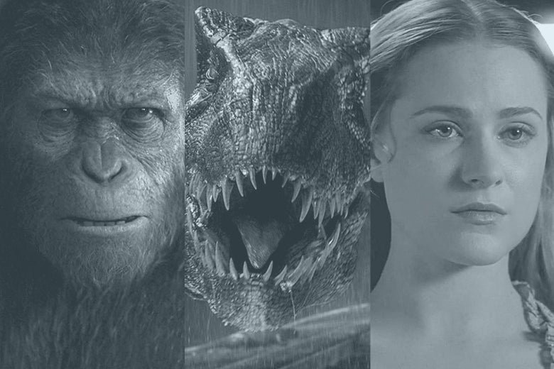 Stills from War of the Planet of the Apes (of an ape), Jurassic World: Fallen Kingdom (of a dinosaur), and Westworld (of Evan Rachel Wood as Dolores).